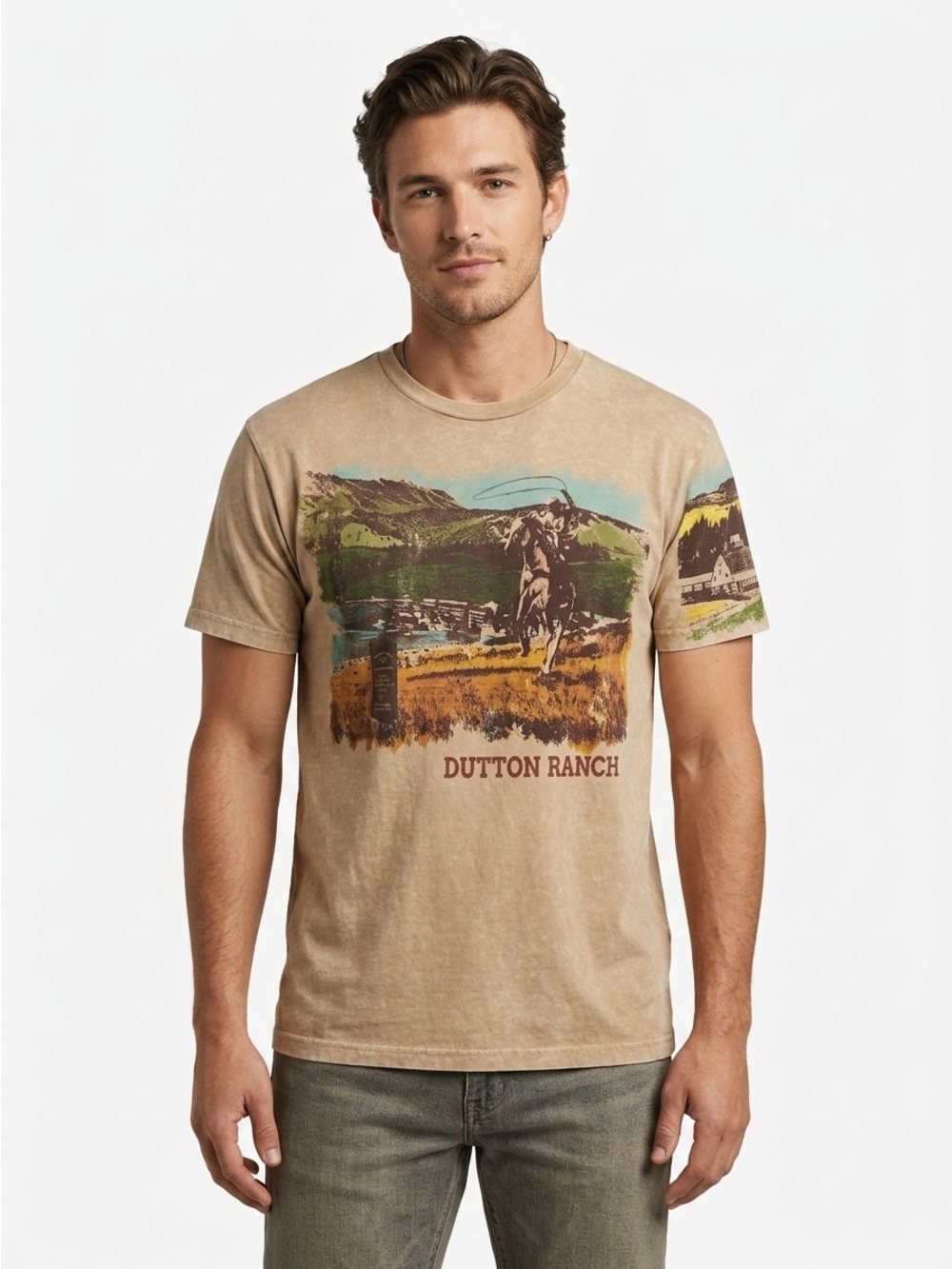Yellowstone “Dutton Ranch” Graphic Tee, Vintage Wash (M) Sand/Tan,  Western